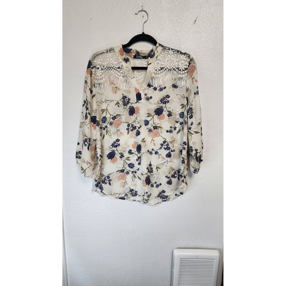 Cure Floral Lace Fringe Blouse Womens Small Cream‎ Excellent